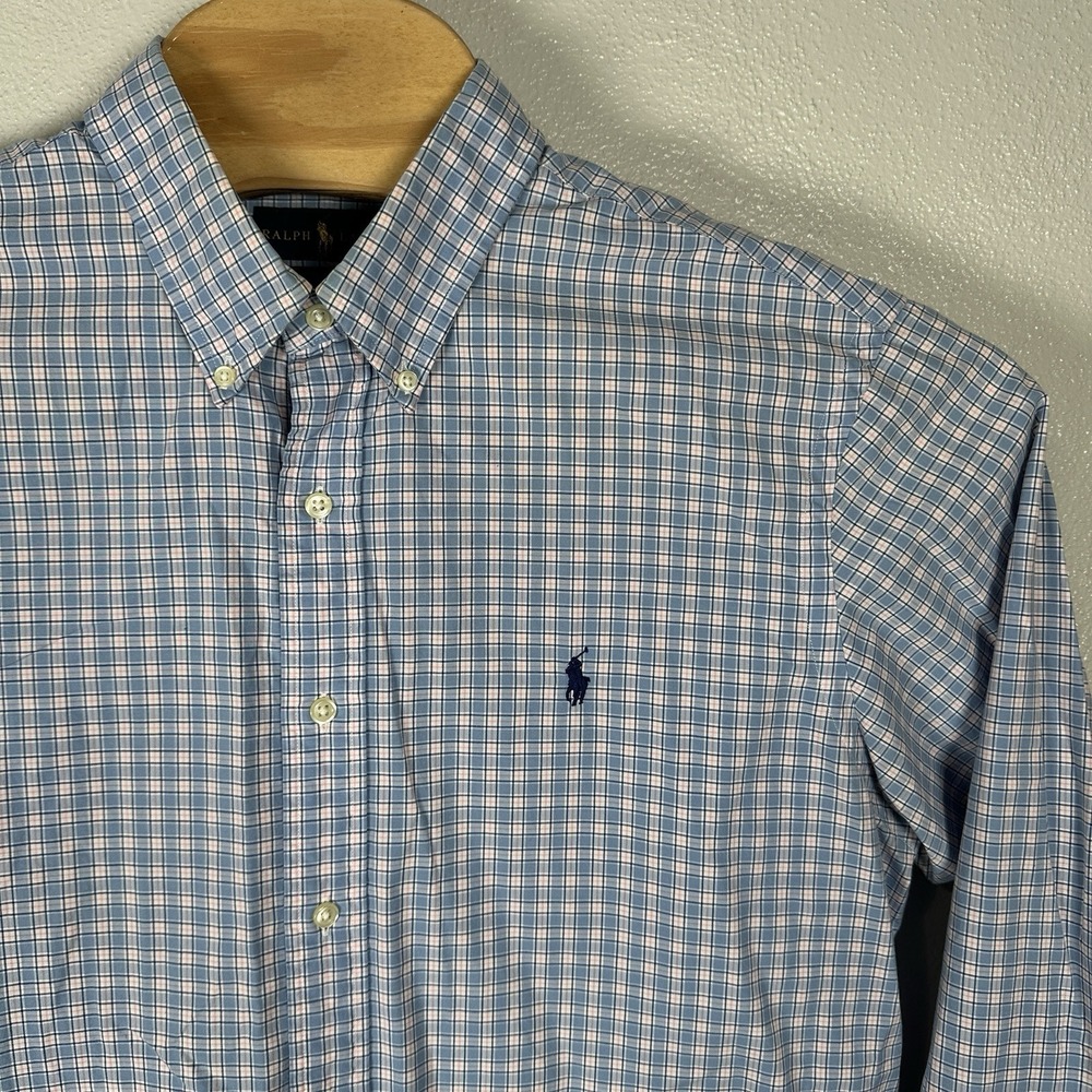 Ralph Lauren Slim Fit Shirt Mens Size XL Blue Pink Plaid Long Sleeve Button Down